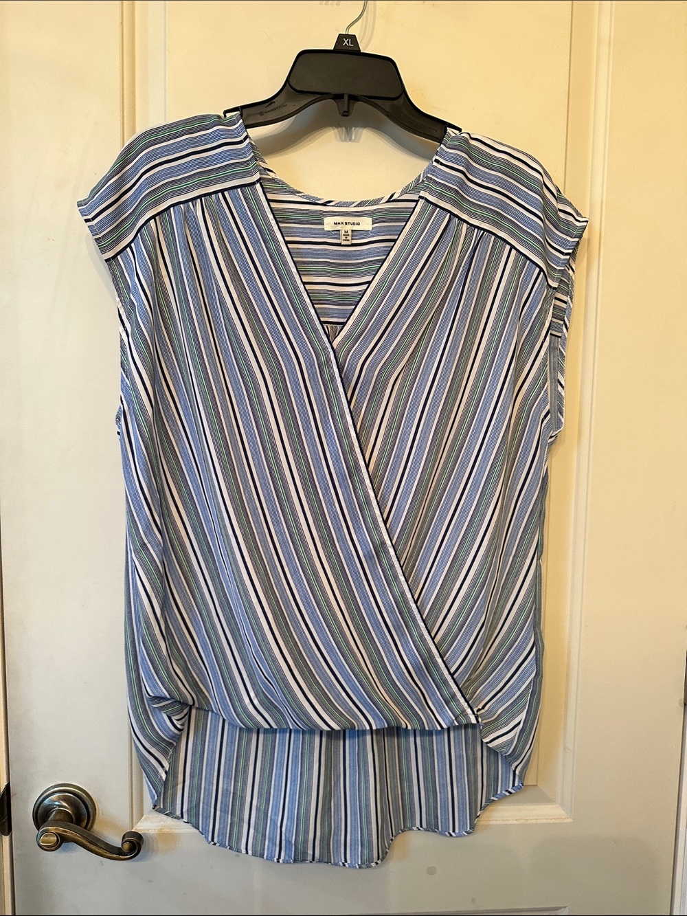 Max Studio Blue & White Striped Faux-Wrap Blouse